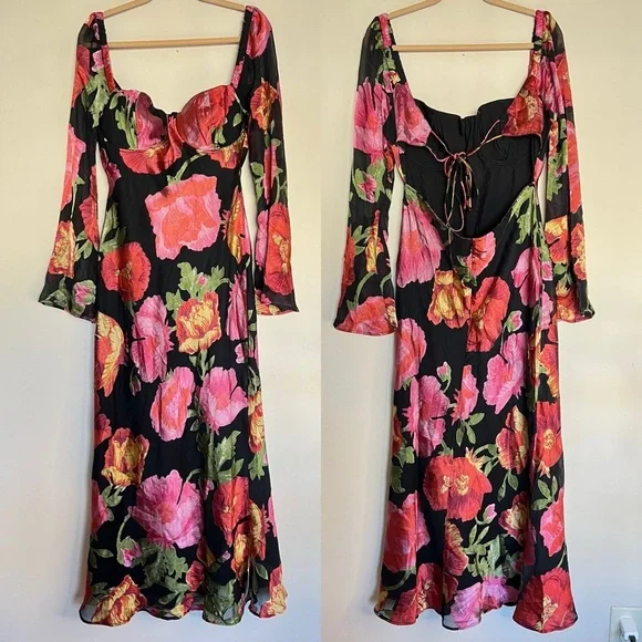 ASOS Long Sleeve Midi Floral Burnout Print Dress - Black/Multi - US sz 12 - NWT - Picture 3 of 7